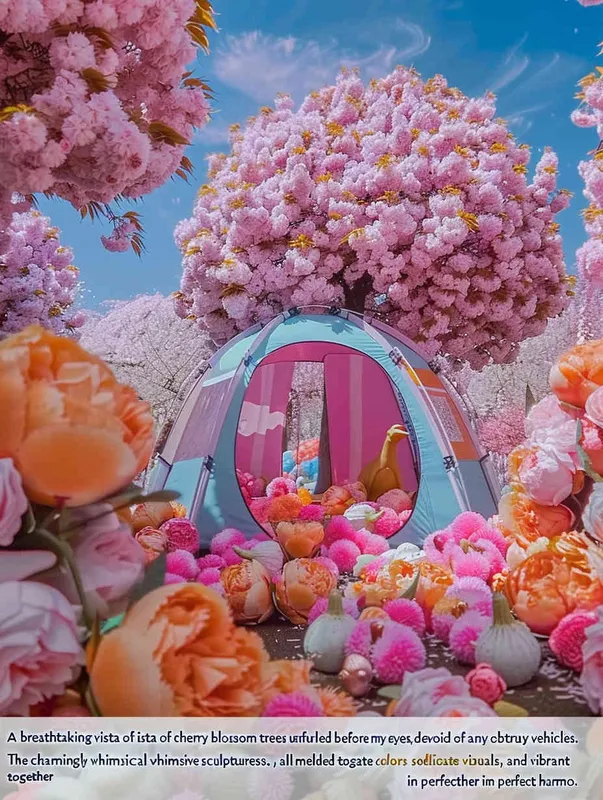fantastic scene of cherry blossom trees, no tents, no cars，  without a car,  style cute cartoon design , fantastic visuals , soft sculpture , webcam , bright colors , bold shapes , surrounded by flowers , capture the moment , spring , HD , ricoh 
 ff -9d,-- ar 3:4 - style1部分
