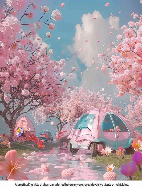 fantastic scene of cherry blossom trees, no tents, no cars，  without a car,  style cute cartoon design , fantastic visuals , soft sculpture , webcam , bright colors , bold shapes , surrounded by flowers , capture the moment , spring , HD , ricoh 
 ff -9d,-- ar 3:4 - style2部分