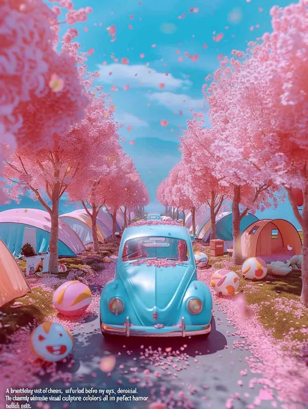 fantastic scene of cherry blossom trees, no tents, no cars，  without a car,  style cute cartoon design , fantastic visuals , soft sculpture , webcam , bright colors , bold shapes , surrounded by flowers , capture the moment , spring , HD , ricoh 
 ff -9d,-- ar 3:4 - style3部分