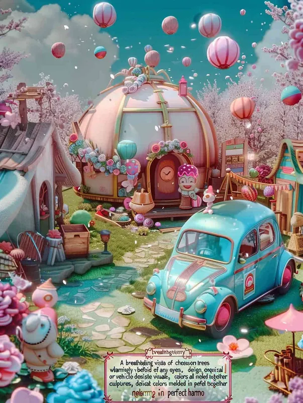 fantastic scene of cherry blossom trees, no tents, no cars，  without a car,  style cute cartoon design , fantastic visuals , soft sculpture , webcam , bright colors , bold shapes , surrounded by flowers , capture the moment , spring , HD , ricoh 
 ff -9d,-- ar 3:4 - style4部分