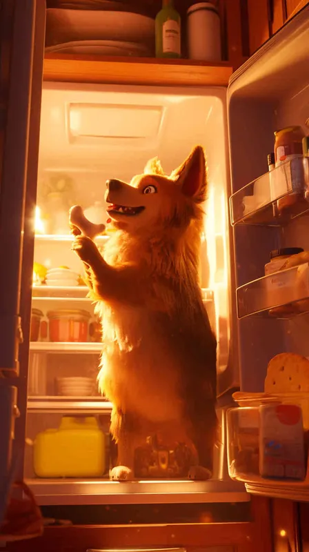Pixar style, Disney Style, 3D design, C4D modeling, Realistic photo of a kitchen scene with a mischievous lemon-colored dog standing on its hind legs inside an open refrigerator. The dog's paw is reaching for a bone while its gaze nervously shifts towards the camera, capturing the moment of being caught by the owner. Utilize warm, soft lighting to create a cozy atmosphere, with focus on the dog's fur texture and the shiny surfaces of the fridge interior, Blender, OC Renderer, High Detail, High Quality - style1部分