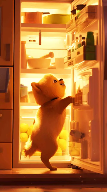 Pixar style, Disney Style, 3D design, C4D modeling, Realistic photo of a kitchen scene with a mischievous lemon-colored dog standing on its hind legs inside an open refrigerator. The dog's paw is reaching for a bone while its gaze nervously shifts towards the camera, capturing the moment of being caught by the owner. Utilize warm, soft lighting to create a cozy atmosphere, with focus on the dog's fur texture and the shiny surfaces of the fridge interior, Blender, OC Renderer, High Detail, High Quality - style2部分