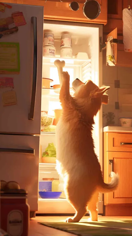 Pixar style, Disney Style, 3D design, C4D modeling, Realistic photo of a kitchen scene with a mischievous lemon-colored dog standing on its hind legs inside an open refrigerator. The dog's paw is reaching for a bone while its gaze nervously shifts towards the camera, capturing the moment of being caught by the owner. Utilize warm, soft lighting to create a cozy atmosphere, with focus on the dog's fur texture and the shiny surfaces of the fridge interior, Blender, OC Renderer, High Detail, High Quality - style3部分