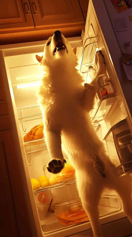 Pixar style, Disney Style, 3D design, C4D modeling, Realistic photo of a kitchen scene with a mischievous lemon-colored dog standing on its hind legs inside an open refrigerator. The dog's paw is reaching for a bone while its gaze nervously shifts towards the camera, capturing the moment of being caught by the owner. Utilize warm, soft lighting to create a cozy atmosphere, with focus on the dog's fur texture and the shiny surfaces of the fridge interior, Blender, OC Renderer, High Detail, High Quality - style4部分