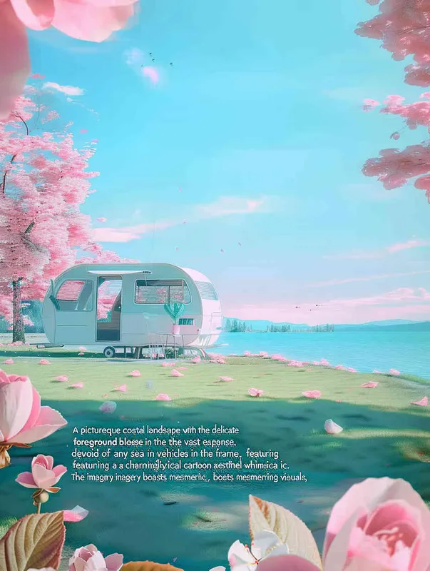 A dreamy seaside scene with pink flowers in the foreground and the sea in the distant view, without any cars in the picture，style cute cartoon design , fantastic visuals , soft sculpture , webcam , bright colors , bold shapes , surrounded by flowers , capture the moment , spring , HD , ricoh 
 ff -9d,– ar 3:4 – AI绘画作品展示 | Midjourney中文版生成