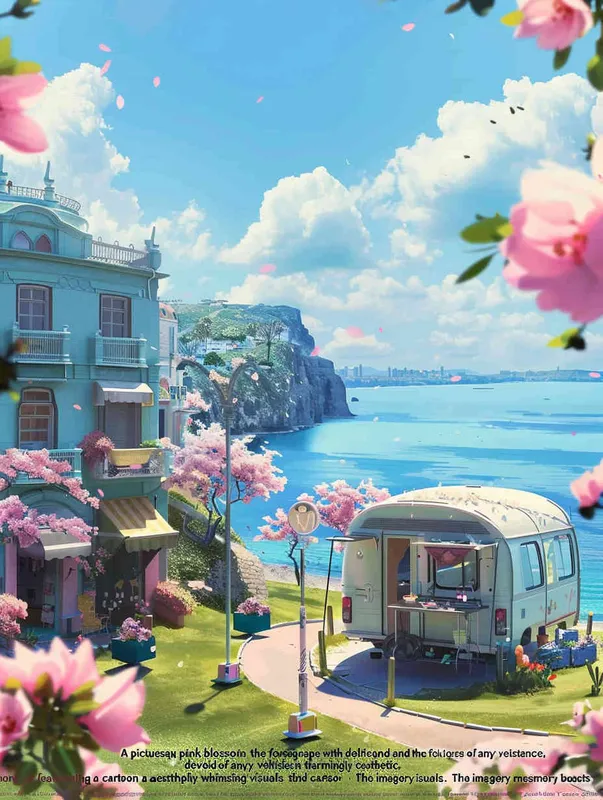  A dreamy seaside scene with pink flowers in the foreground and the sea in the distant view, without any cars in the picture，style cute cartoon design , fantastic visuals , soft sculpture , webcam , bright colors , bold shapes , surrounded by flowers , capture the moment , spring , HD , ricoh 
 ff -9d,-- ar 3:4 - style2部分
