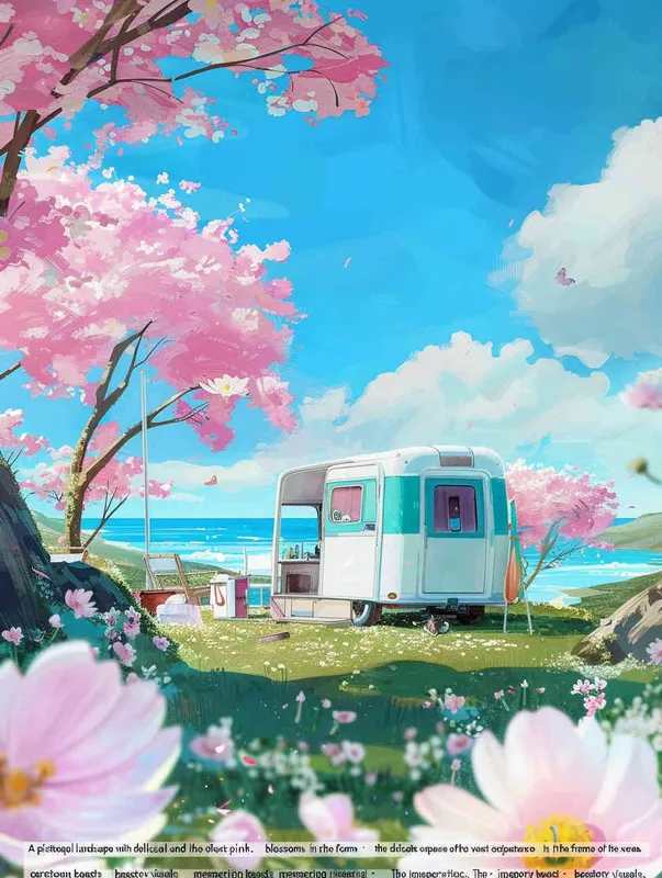  A dreamy seaside scene with pink flowers in the foreground and the sea in the distant view, without any cars in the picture，style cute cartoon design , fantastic visuals , soft sculpture , webcam , bright colors , bold shapes , surrounded by flowers , capture the moment , spring , HD , ricoh 
 ff -9d,-- ar 3:4 - style3部分