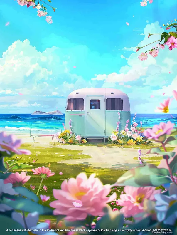  A dreamy seaside scene with pink flowers in the foreground and the sea in the distant view, without any cars in the picture，style cute cartoon design , fantastic visuals , soft sculpture , webcam , bright colors , bold shapes , surrounded by flowers , capture the moment , spring , HD , ricoh 
 ff -9d,-- ar 3:4 - style4部分