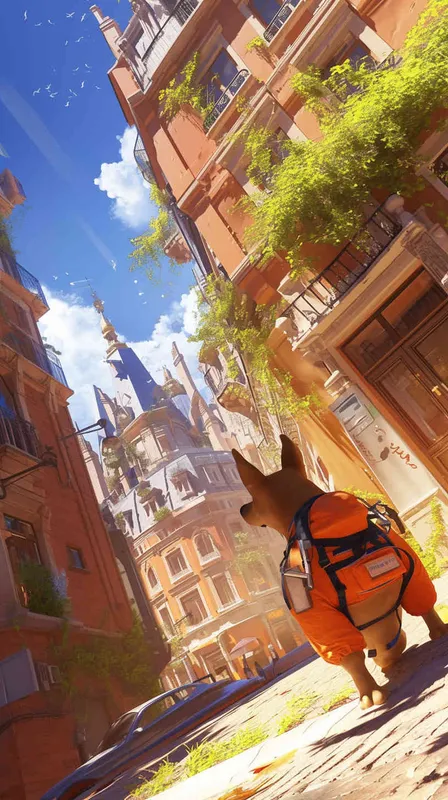 Pixar style, Disney Style, 3D design, C4D modeling,  Realistic photo of a bustling city street corner, captured from a low angle to emphasize the perspective of a small delivery dog. The dog, wearing a bright orange vest, stands proudly beside a courier bag, holding a delivery order in its mouth. Sunlight streams through the urban canyon, casting long shadows and creating a warm, inviting atmosphere. Use a wide-angle lens to capture the dynamic energy of the scene, Blender, OC Renderer, High Detail, High Quality
 - style1部分