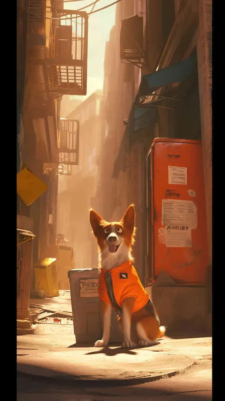 Pixar style, Disney Style, 3D design, C4D modeling,  Realistic photo of a bustling city street corner, captured from a low angle to emphasize the perspective of a small delivery dog. The dog, wearing a bright orange vest, stands proudly beside a courier bag, holding a delivery order in its mouth. Sunlight streams through the urban canyon, casting long shadows and creating a warm, inviting atmosphere. Use a wide-angle lens to capture the dynamic energy of the scene, Blender, OC Renderer, High Detail, High Quality
 - style2部分
