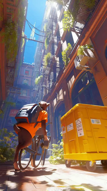 Pixar style, Disney Style, 3D design, C4D modeling,  Realistic photo of a bustling city street corner, captured from a low angle to emphasize the perspective of a small delivery dog. The dog, wearing a bright orange vest, stands proudly beside a courier bag, holding a delivery order in its mouth. Sunlight streams through the urban canyon, casting long shadows and creating a warm, inviting atmosphere. Use a wide-angle lens to capture the dynamic energy of the scene, Blender, OC Renderer, High Detail, High Quality
 - style3部分