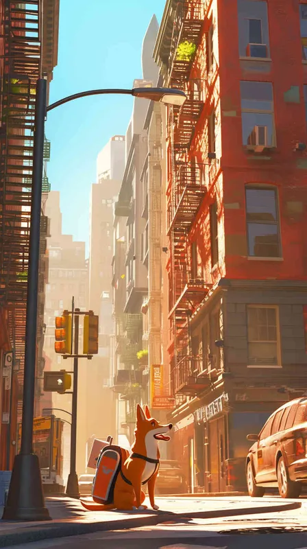 Pixar style, Disney Style, 3D design, C4D modeling,  Realistic photo of a bustling city street corner, captured from a low angle to emphasize the perspective of a small delivery dog. The dog, wearing a bright orange vest, stands proudly beside a courier bag, holding a delivery order in its mouth. Sunlight streams through the urban canyon, casting long shadows and creating a warm, inviting atmosphere. Use a wide-angle lens to capture the dynamic energy of the scene, Blender, OC Renderer, High Detail, High Quality
 - style4部分