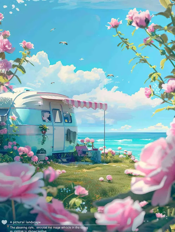  A dreamy seaside scene with pink flowers in the foreground and the sea in the distant view, modeling rendering style，without any cars in the picture，style cute cartoon design , fantastic visuals , soft sculpture , webcam , bright colors , bold shapes , surrounded by flowers , capture the moment , spring , HD , ricoh 
 ff -9d,-- ar 3:4 - style1部分