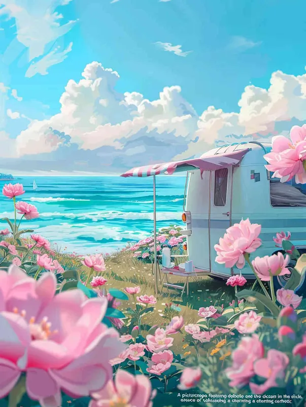  A dreamy seaside scene with pink flowers in the foreground and the sea in the distant view, modeling rendering style，without any cars in the picture，style cute cartoon design , fantastic visuals , soft sculpture , webcam , bright colors , bold shapes , surrounded by flowers , capture the moment , spring , HD , ricoh 
 ff -9d,-- ar 3:4 - style2部分
