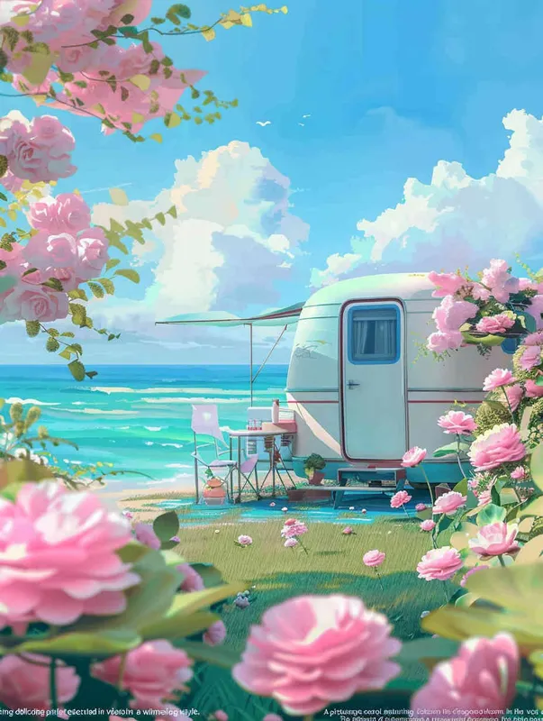  A dreamy seaside scene with pink flowers in the foreground and the sea in the distant view, modeling rendering style，without any cars in the picture，style cute cartoon design , fantastic visuals , soft sculpture , webcam , bright colors , bold shapes , surrounded by flowers , capture the moment , spring , HD , ricoh 
 ff -9d,-- ar 3:4 - style4部分