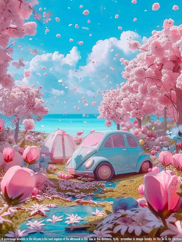 A dreamy seaside scene with pink flowers in the foreground and the sea in the distant view, modeling rendering style，without any cars in the picture，style cute cartoon design , fantastic visuals , soft sculpture , webcam , bright colors , bold shapes , surrounded by flowers , capture the moment , spring , HD , ricoh 
 ff -9d,-- ar 3:4 - style2部分