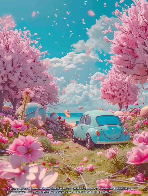  A dreamy seaside scene with pink flowers in the foreground and the sea in the distant view, modeling rendering style，without any cars in the picture，style cute cartoon design , fantastic visuals , soft sculpture , webcam , bright colors , bold shapes , surrounded by flowers , capture the moment , spring , HD , ricoh 
 ff -9d,-- ar 3:4 - style3部分