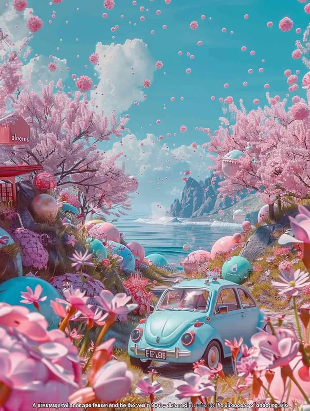  A dreamy seaside scene with pink flowers in the foreground and the sea in the distant view, modeling rendering style，without any cars in the picture，style cute cartoon design , fantastic visuals , soft sculpture , webcam , bright colors , bold shapes , surrounded by flowers , capture the moment , spring , HD , ricoh 
 ff -9d,-- ar 3:4 - style4部分