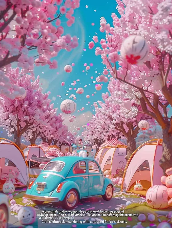 fantastic scene of cherry blossom trees, no tents, no cars，  without a car,   modeling rendering style，style cute cartoon design , fantastic visuals , soft sculpture , webcam , bright colors , bold shapes , surrounded by flowers , capture the moment , spring , HD ,  c4d，realist style
，ricoh 
 ff -9d,– ar 3:4 – AI绘画作品展示 | Midjourney中文版生成