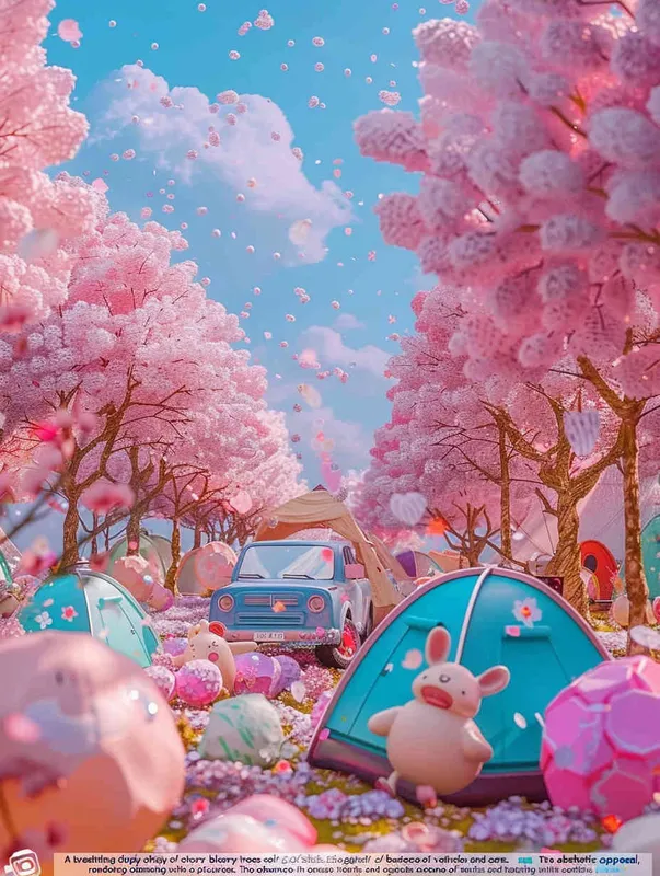 fantastic scene of cherry blossom trees, no tents, no cars，  without a car,   modeling rendering style，style cute cartoon design , fantastic visuals , soft sculpture , webcam , bright colors , bold shapes , surrounded by flowers , capture the moment , spring , HD ,  c4d，realist style
，ricoh 
 ff -9d,-- ar 3:4 - style2部分
