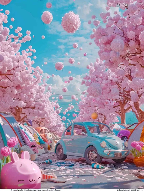 fantastic scene of cherry blossom trees, no tents, no cars，  without a car,   modeling rendering style，style cute cartoon design , fantastic visuals , soft sculpture , webcam , bright colors , bold shapes , surrounded by flowers , capture the moment , spring , HD ,  c4d，realist style
，ricoh 
 ff -9d,-- ar 3:4 - style3部分