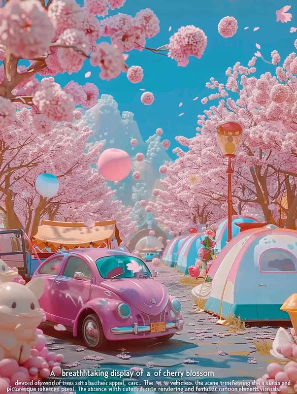fantastic scene of cherry blossom trees, no tents, no cars，  without a car,   modeling rendering style，style cute cartoon design , fantastic visuals , soft sculpture , webcam , bright colors , bold shapes , surrounded by flowers , capture the moment , spring , HD ,  c4d，realist style
，ricoh 
 ff -9d,-- ar 3:4 - style4部分