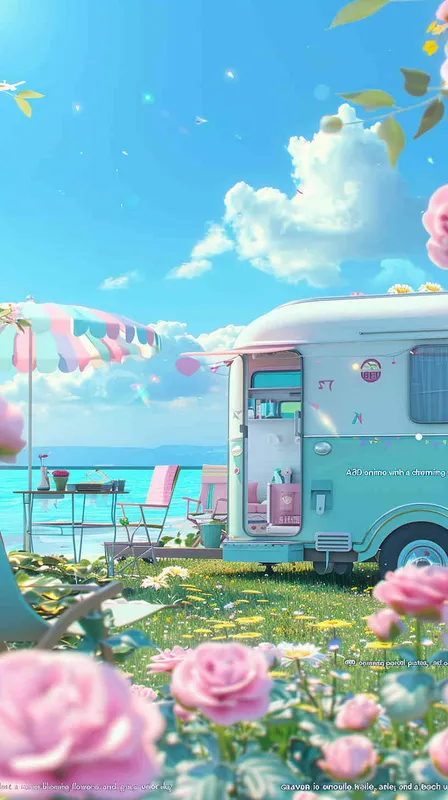 1️⃣ 3D anime cute pastel colored style, summer background with flowers and grass on the ground, blue sky, small mobile home trailer caravan in front of it, chairs, table, beach umbrella, sea in the far background, bright sunny day, high resolution, high quality. --ar 3:4 - style1部分