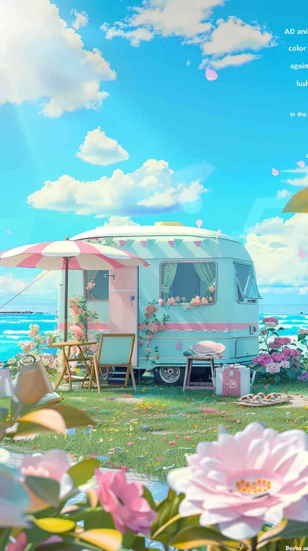 1️⃣ 3D anime cute pastel colored style, summer background with flowers and grass on the ground, blue sky, small mobile home trailer caravan in front of it, chairs, table, beach umbrella, sea in the far background, bright sunny day, high resolution, high quality. --ar 3:4 - style2部分