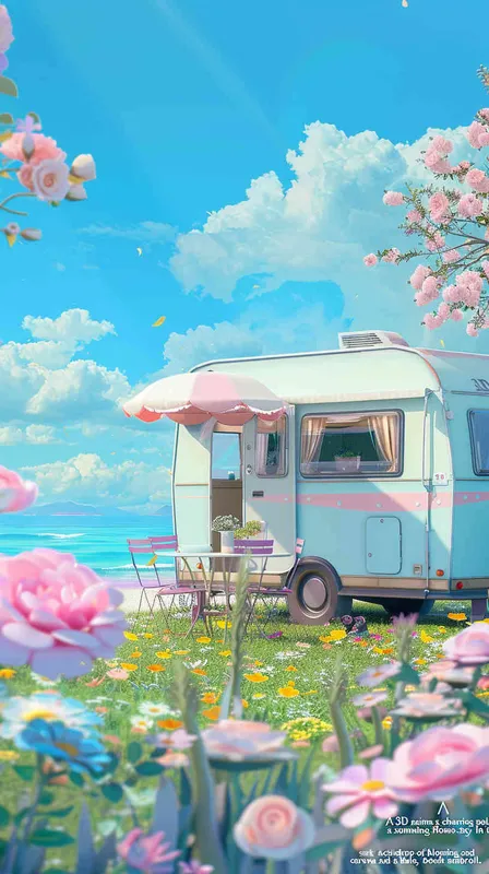 1️⃣ 3D anime cute pastel colored style, summer background with flowers and grass on the ground, blue sky, small mobile home trailer caravan in front of it, chairs, table, beach umbrella, sea in the far background, bright sunny day, high resolution, high quality. --ar 3:4 - style3部分