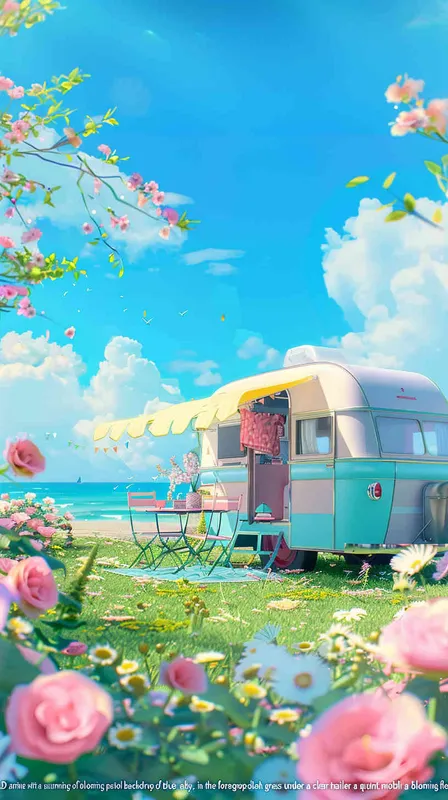 1️⃣ 3D anime cute pastel colored style, summer background with flowers and grass on the ground, blue sky, small mobile home trailer caravan in front of it, chairs, table, beach umbrella, sea in the far background, bright sunny day, high resolution, high quality. --ar 3:4 - style4部分