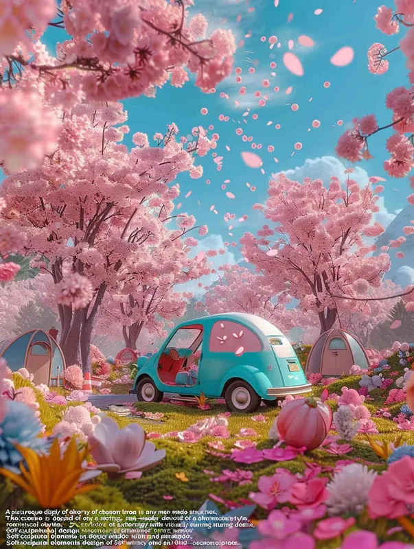 fantastic scene of cherry blossom trees, no tents, no cars，  without a car,   modeling rendering style，style cute cartoon design , fantastic visuals , soft sculpture , webcam , bright colors , bold shapes , surrounded by flowers , capture the moment , the screen should not show cars or tents，spring , HD ,  c4d，realist style
，ricoh 
 ff -9d,-- ar 3:4 - style1部分