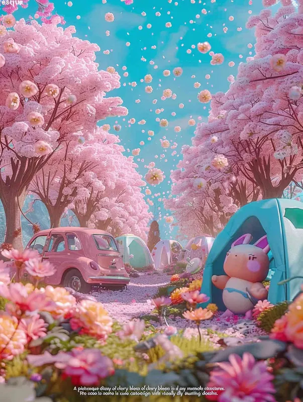 fantastic scene of cherry blossom trees, no tents, no cars，  without a car,   modeling rendering style，style cute cartoon design , fantastic visuals , soft sculpture , webcam , bright colors , bold shapes , surrounded by flowers , capture the moment , the screen should not show cars or tents，spring , HD ,  c4d，realist style
，ricoh 
 ff -9d,-- ar 3:4 - style2部分
