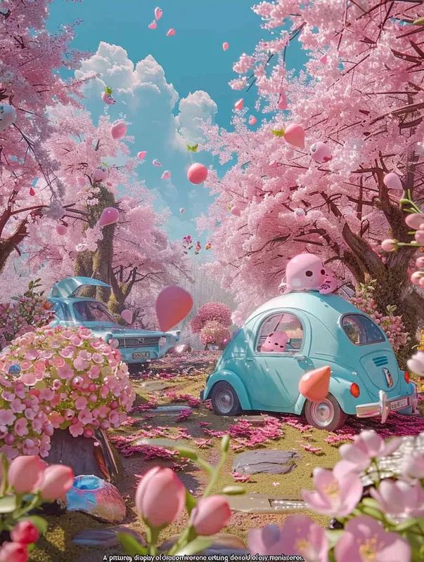 fantastic scene of cherry blossom trees, no tents, no cars，  without a car,   modeling rendering style，style cute cartoon design , fantastic visuals , soft sculpture , webcam , bright colors , bold shapes , surrounded by flowers , capture the moment , the screen should not show cars or tents，spring , HD ,  c4d，realist style
，ricoh 
 ff -9d,-- ar 3:4 - style3部分