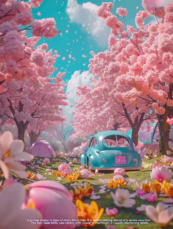 fantastic scene of cherry blossom trees, no tents, no cars，  without a car,   modeling rendering style，style cute cartoon design , fantastic visuals , soft sculpture , webcam , bright colors , bold shapes , surrounded by flowers , capture the moment , the screen should not show cars or tents，spring , HD ,  c4d，realist style
，ricoh 
 ff -9d,-- ar 3:4 - style4部分