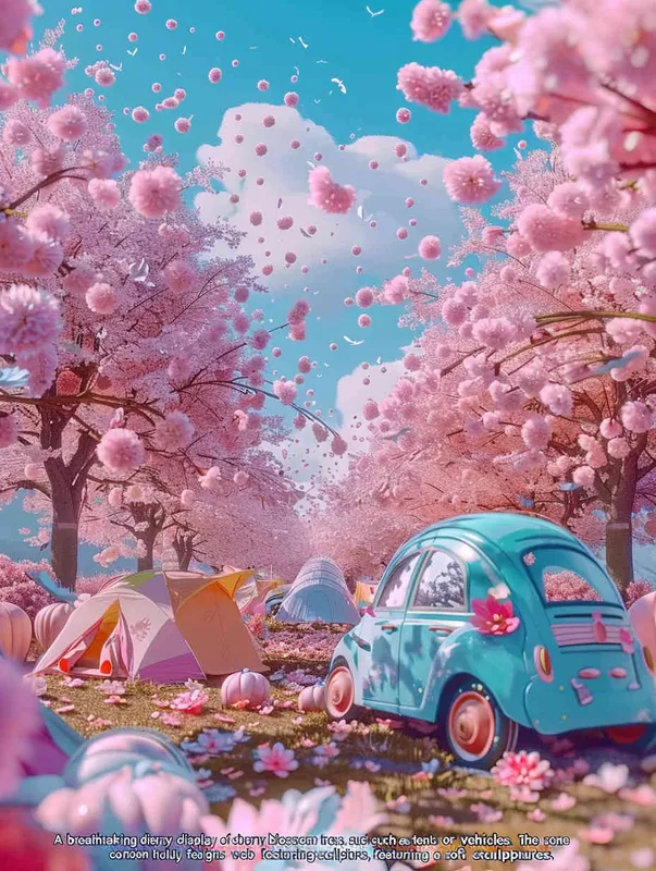 fantastic scene of cherry blossom trees, no tents, no cars，  without a car,   modeling rendering style，style cute cartoon design , fantastic visuals , soft sculpture , webcam , bright colors , bold shapes , surrounded by flowers , capture the moment , the screen should not show cars or tents，spring , HD ,  c4d，realist style
，ricoh 
 ff -9d,-- ar 3:4, -- no car - style1部分