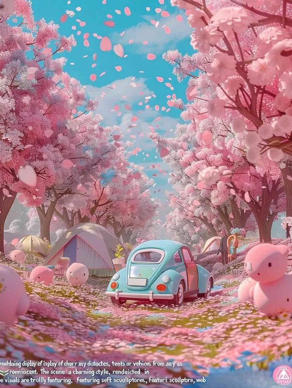 fantastic scene of cherry blossom trees, no tents, no cars，  without a car,   modeling rendering style，style cute cartoon design , fantastic visuals , soft sculpture , webcam , bright colors , bold shapes , surrounded by flowers , capture the moment , the screen should not show cars or tents，spring , HD ,  c4d，realist style
，ricoh 
 ff -9d,-- ar 3:4, -- no car - style2部分