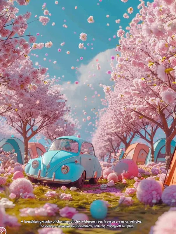 fantastic scene of cherry blossom trees, no tents, no cars，  without a car,   modeling rendering style，style cute cartoon design , fantastic visuals , soft sculpture , webcam , bright colors , bold shapes , surrounded by flowers , capture the moment , the screen should not show cars or tents，spring , HD ,  c4d，realist style
，ricoh 
 ff -9d,-- ar 3:4, -- no car - style3部分