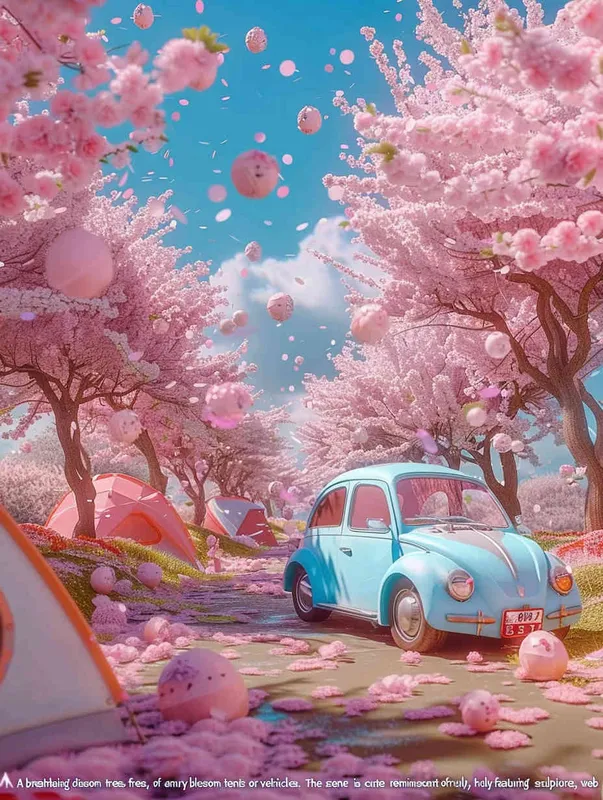 fantastic scene of cherry blossom trees, no tents, no cars，  without a car,   modeling rendering style，style cute cartoon design , fantastic visuals , soft sculpture , webcam , bright colors , bold shapes , surrounded by flowers , capture the moment , the screen should not show cars or tents，spring , HD ,  c4d，realist style
，ricoh 
 ff -9d,-- ar 3:4, -- no car - style4部分