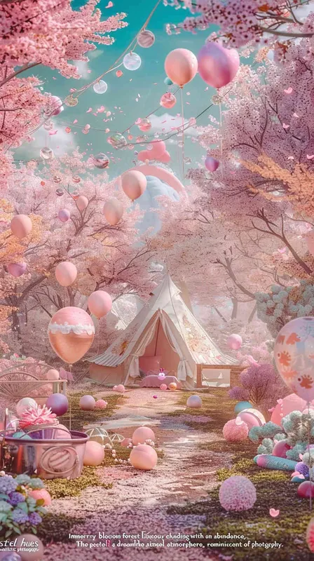 1️⃣ A glamping tent in the middle of a cherry blossom forest, with lots of balloons and pink flowers everywhere, in a kawaii aesthetic style, with pastel colors, in the style of hyper realistic photography. --ar 3:4 - style1部分