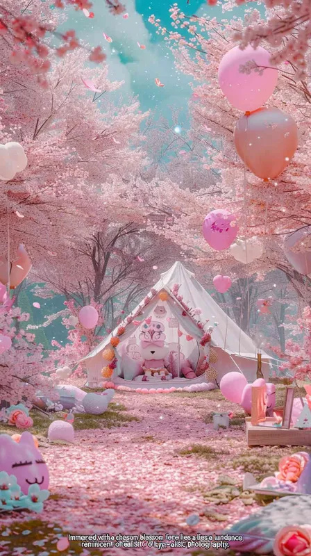 1️⃣ A glamping tent in the middle of a cherry blossom forest, with lots of balloons and pink flowers everywhere, in a kawaii aesthetic style, with pastel colors, in the style of hyper realistic photography. --ar 3:4 - style2部分
