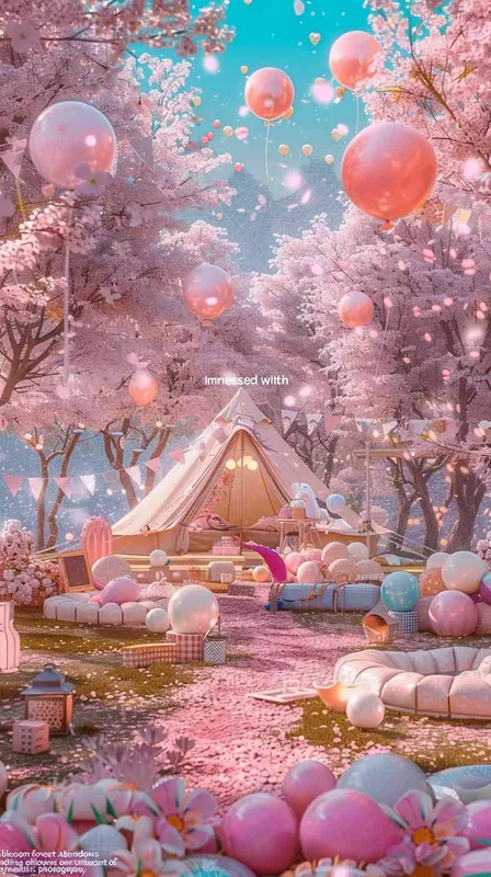 1️⃣ A glamping tent in the middle of a cherry blossom forest, with lots of balloons and pink flowers everywhere, in a kawaii aesthetic style, with pastel colors, in the style of hyper realistic photography. --ar 3:4 - style3部分