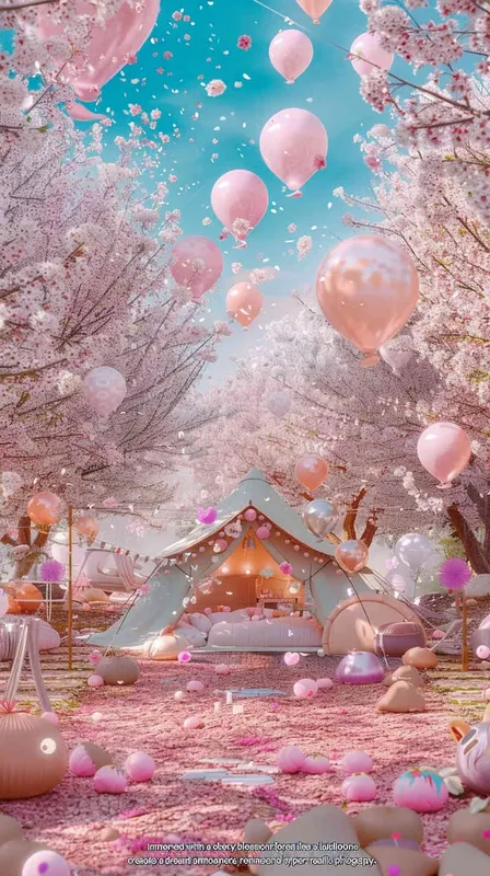 1️⃣ A glamping tent in the middle of a cherry blossom forest, with lots of balloons and pink flowers everywhere, in a kawaii aesthetic style, with pastel colors, in the style of hyper realistic photography. --ar 3:4 - style4部分