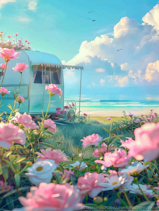  A dreamy seaside scene with pink flowers in the foreground and the sea in the distant view, modeling rendering style，without any cars in the picture，style cute cartoon design , fantastic visuals , soft sculpture , webcam , bright colors , bold shapes , surrounded by flowers , capture the moment , spring , HD , ricoh ，c4d, realist style

 ff -9d,-- ar 3:4 - style1部分