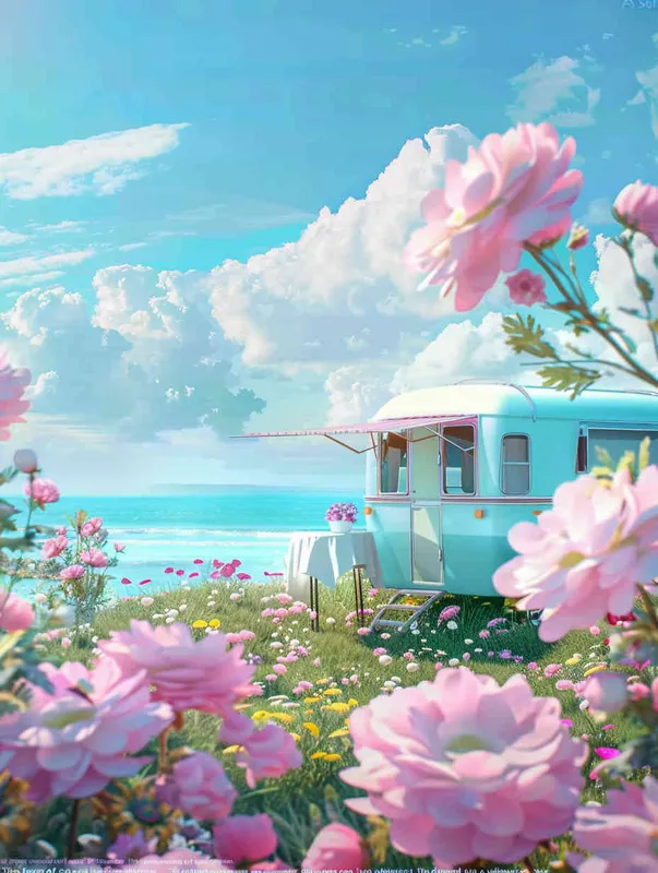  A dreamy seaside scene with pink flowers in the foreground and the sea in the distant view, modeling rendering style，without any cars in the picture，style cute cartoon design , fantastic visuals , soft sculpture , webcam , bright colors , bold shapes , surrounded by flowers , capture the moment , spring , HD , ricoh ，c4d, realist style

 ff -9d,-- ar 3:4 - style2部分