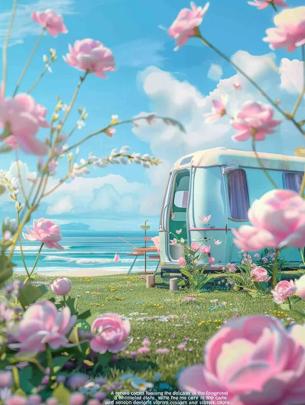  A dreamy seaside scene with pink flowers in the foreground and the sea in the distant view, modeling rendering style，without any cars in the picture，style cute cartoon design , fantastic visuals , soft sculpture , webcam , bright colors , bold shapes , surrounded by flowers , capture the moment , spring , HD , ricoh ，c4d, realist style

 ff -9d,-- ar 3:4 - style3部分
