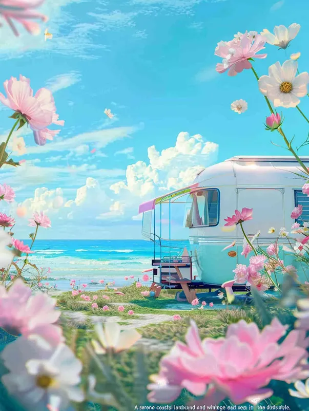  A dreamy seaside scene with pink flowers in the foreground and the sea in the distant view, modeling rendering style，without any cars in the picture，style cute cartoon design , fantastic visuals , soft sculpture , webcam , bright colors , bold shapes , surrounded by flowers , capture the moment , spring , HD , ricoh ，c4d, realist style

 ff -9d,-- ar 3:4 - style4部分
