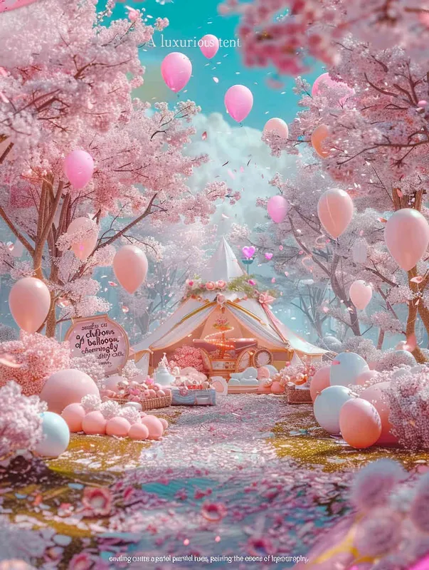 1️⃣ A glamping tent in the middle of a cherry blossom forest, with lots of balloons and pink flowers everywhere, in a kawaii aesthetic style, with pastel colors, in the style of hyper realistic photography. –ar 3:4 – AI绘画作品展示 | Midjourney中文版生成