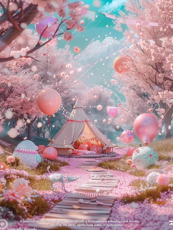1️⃣ A glamping tent in the middle of a cherry blossom forest, with lots of balloons and pink flowers everywhere, in a kawaii aesthetic style, with pastel colors, in the style of hyper realistic photography. --ar 3:4 - style2部分