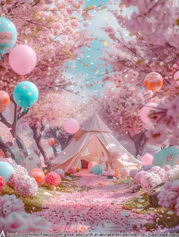 1️⃣ A glamping tent in the middle of a cherry blossom forest, with lots of balloons and pink flowers everywhere, in a kawaii aesthetic style, with pastel colors, in the style of hyper realistic photography. --ar 3:4 - style3部分