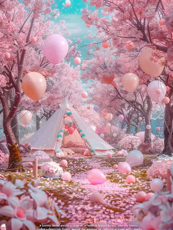 1️⃣ A glamping tent in the middle of a cherry blossom forest, with lots of balloons and pink flowers everywhere, in a kawaii aesthetic style, with pastel colors, in the style of hyper realistic photography. --ar 3:4 - style4部分